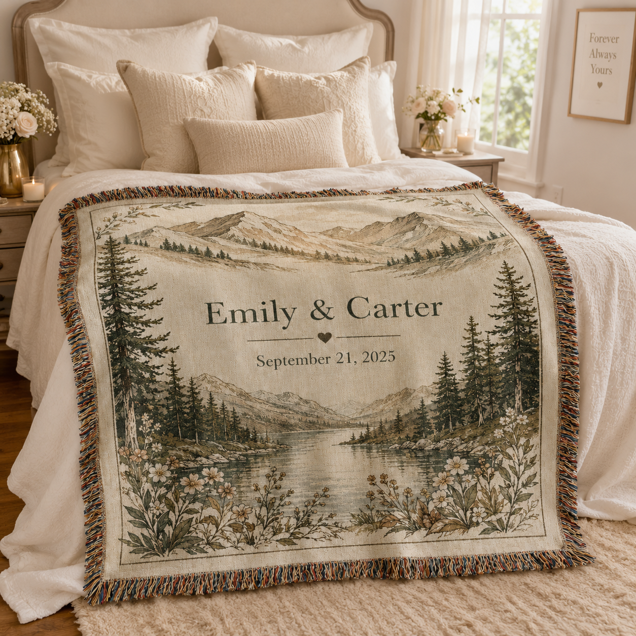 Personalized Emily and Carter alpine mountain wedding woven blanket styled across a romantic bedroom bed