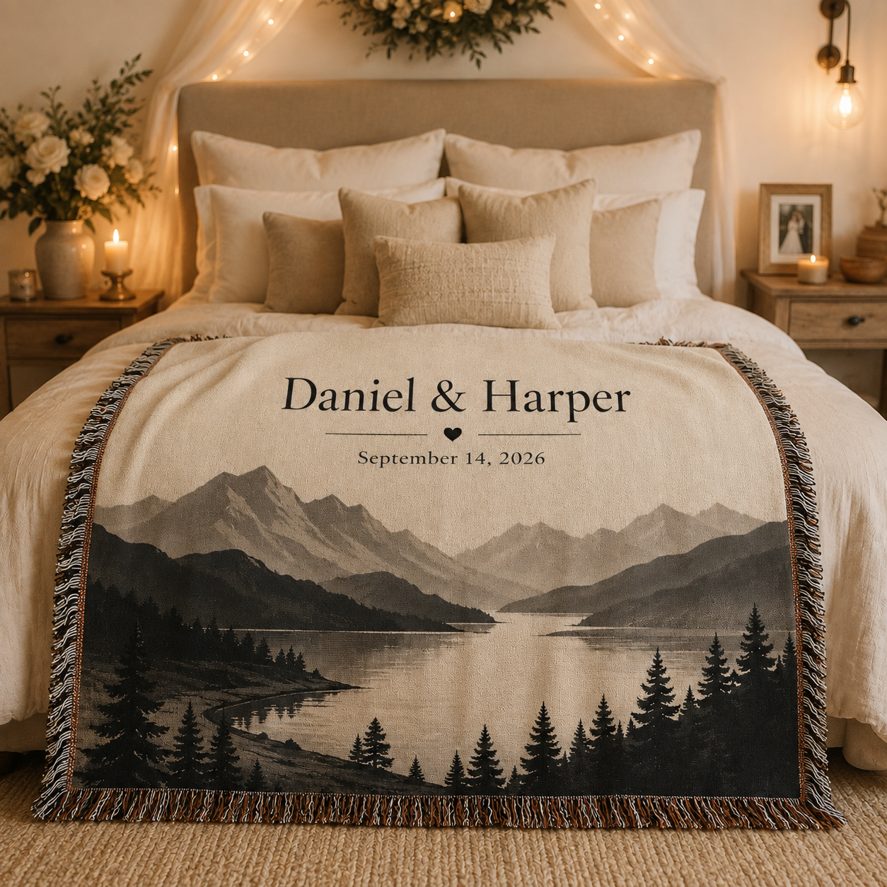 Personalized mountain wedding woven blanket styled across a romantic bedroom bed