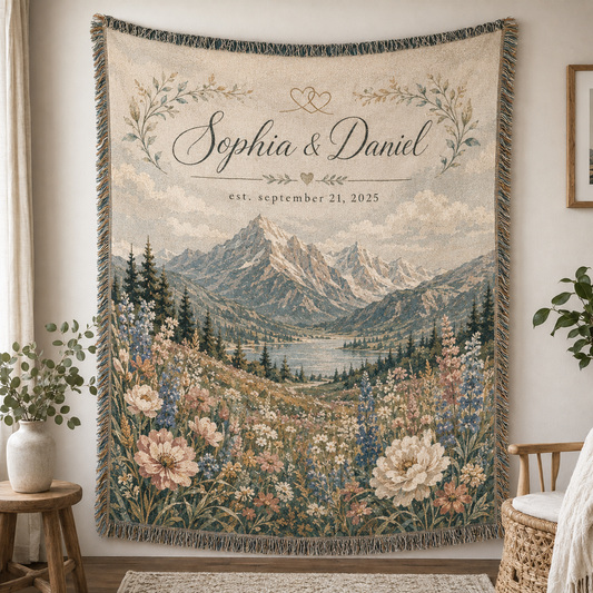 Personalized mountain wedding woven blanket with couple names and date