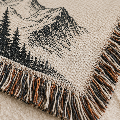 Macro close up of personalized mountain woven blanket showing detailed woven yarn texture and multicolor fringe