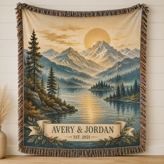 Personalized mountain lake wedding woven blanket with couple names and established year