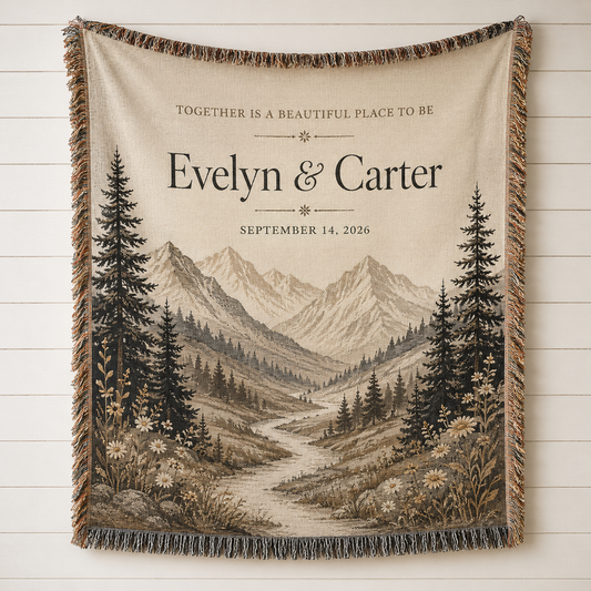 Personalized mountain wedding woven blanket with custom couple names and date, alpine valley, pine trees and fringe