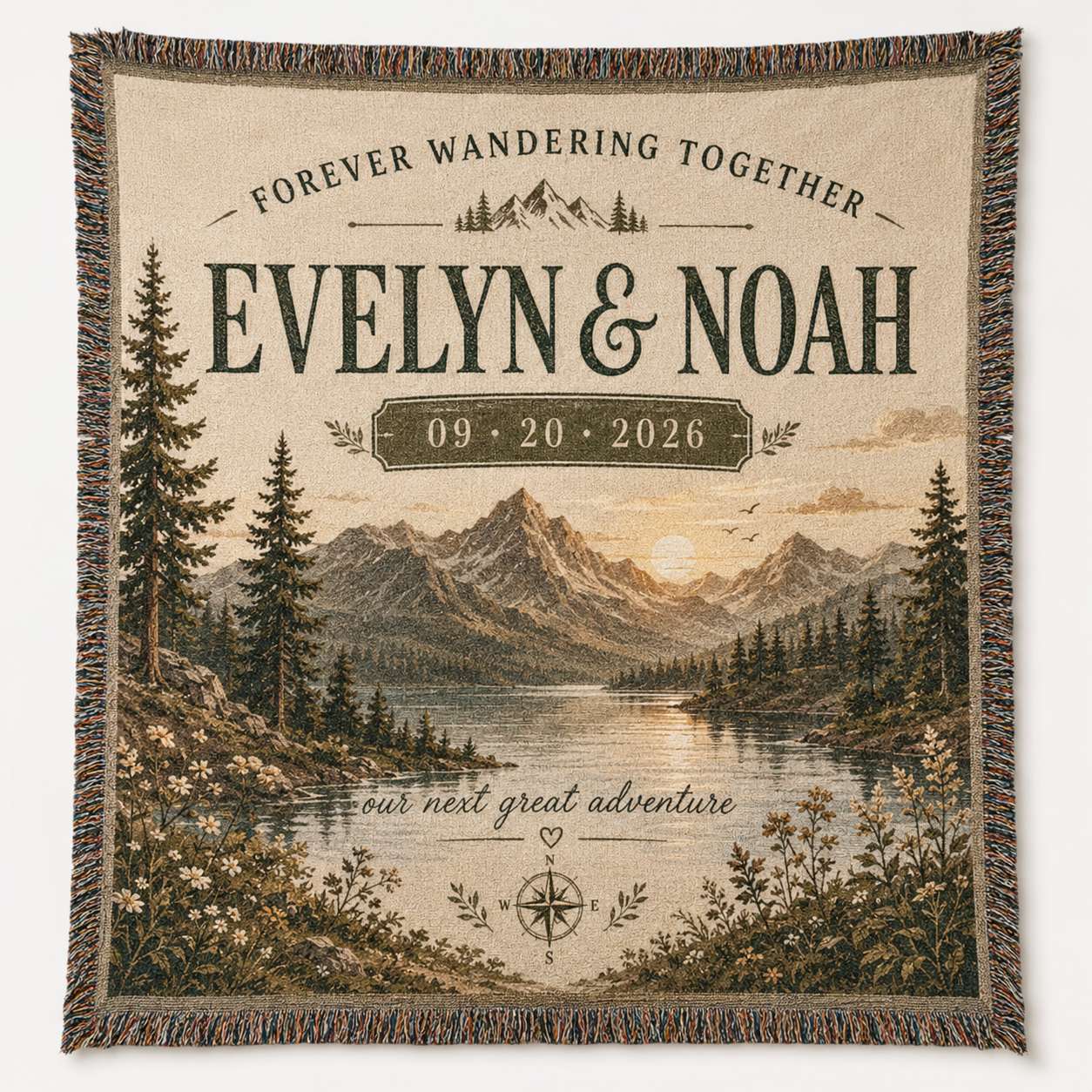 Personalized mountain wedding woven blanket with custom couple names and date