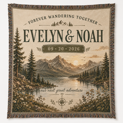 Personalized mountain wedding woven blanket with custom couple names and date