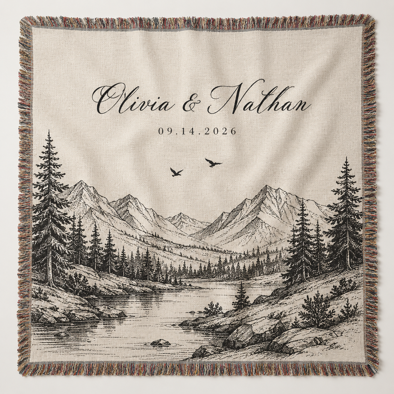Personalized mountain wedding woven blanket with custom couple names and date