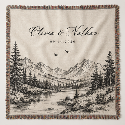 Personalized mountain wedding woven blanket with custom couple names and date