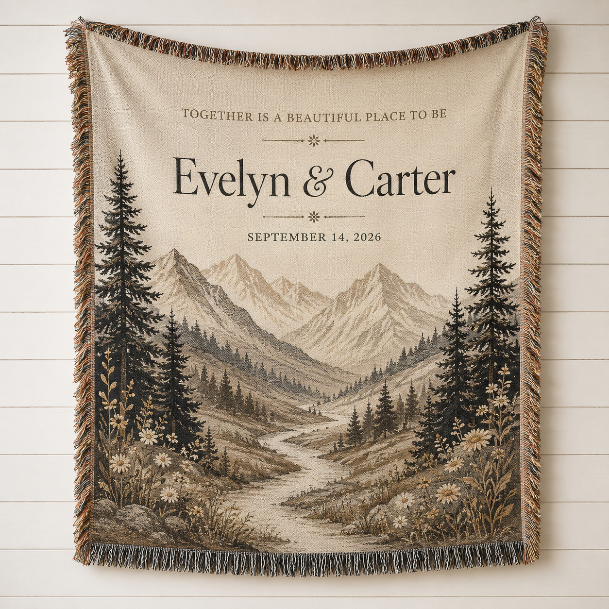 Personalized mountain wedding woven blanket with custom couple names, date, pine trees, alpine valley and fringe