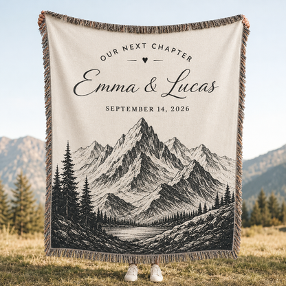 Personalized mountain wedding woven blanket with Emma and Lucas names, September 14 2026 date, and alpine landscape