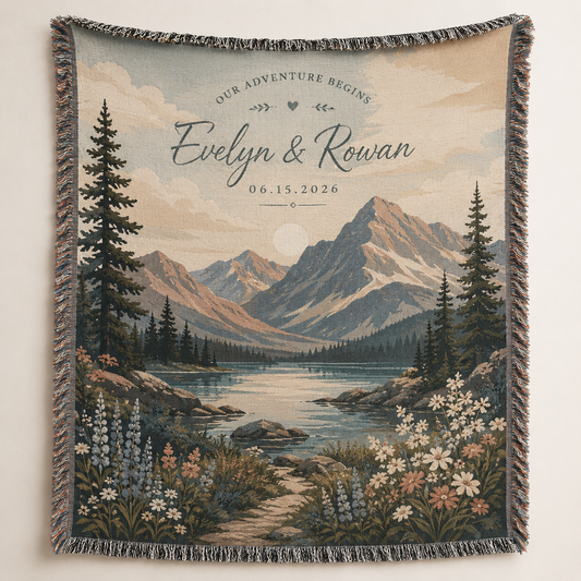 Personalized mountain wedding woven blanket with custom couple names date lake pine trees and wildflowers