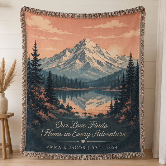 Personalized mountain wedding woven blanket with couple names and wedding date