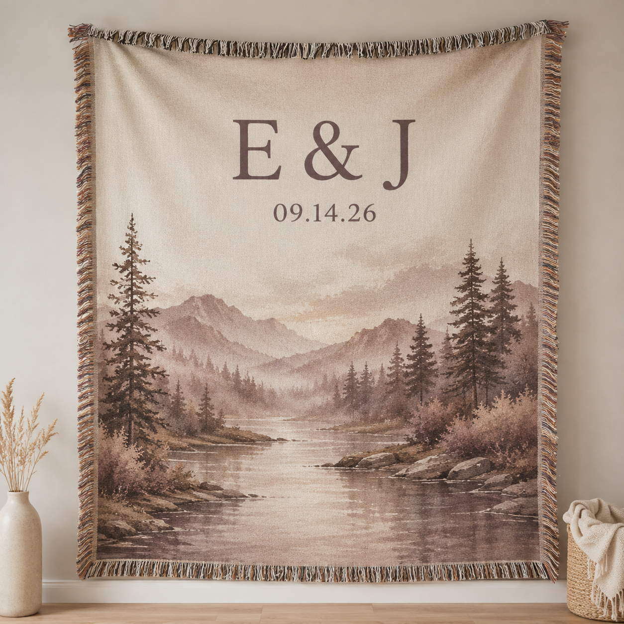 Personalized mountain lake wedding woven blanket with custom initials and wedding date
