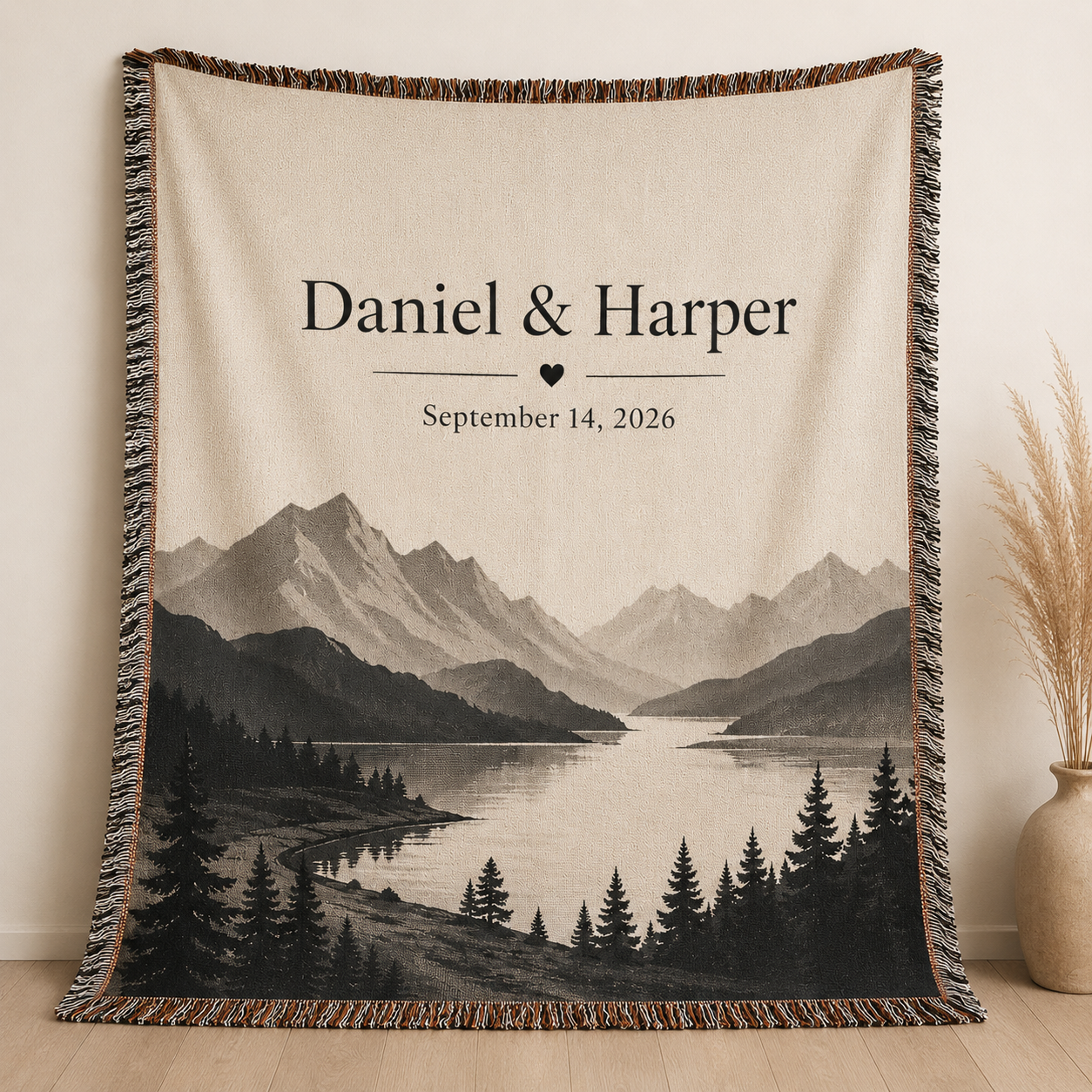 Personalized mountain wedding woven blanket with custom couple names and date