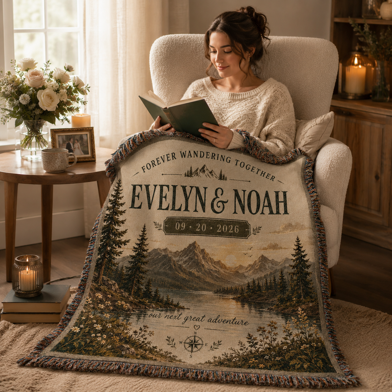 Personalized mountain wedding woven blanket used in a cozy reading nook