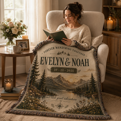 Personalized mountain wedding woven blanket used in a cozy reading nook