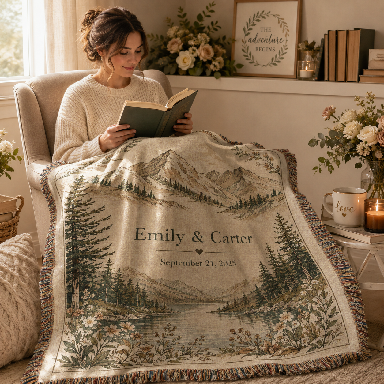 Woman reading with personalized Emily and Carter mountain wedding woven blanket in a cozy reading nook