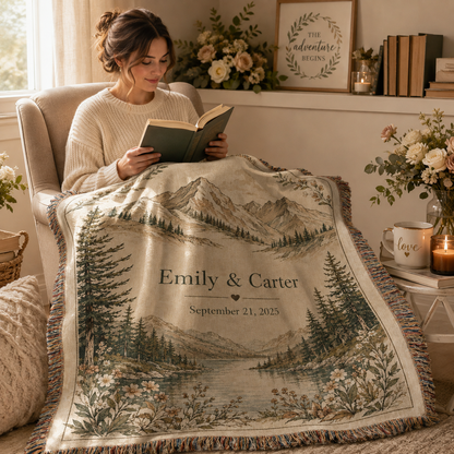 Woman reading with personalized Emily and Carter mountain wedding woven blanket in a cozy reading nook