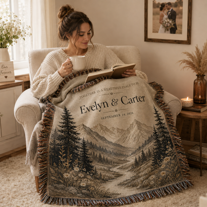 Woman reading with a personalized mountain wedding woven blanket featuring custom names and date