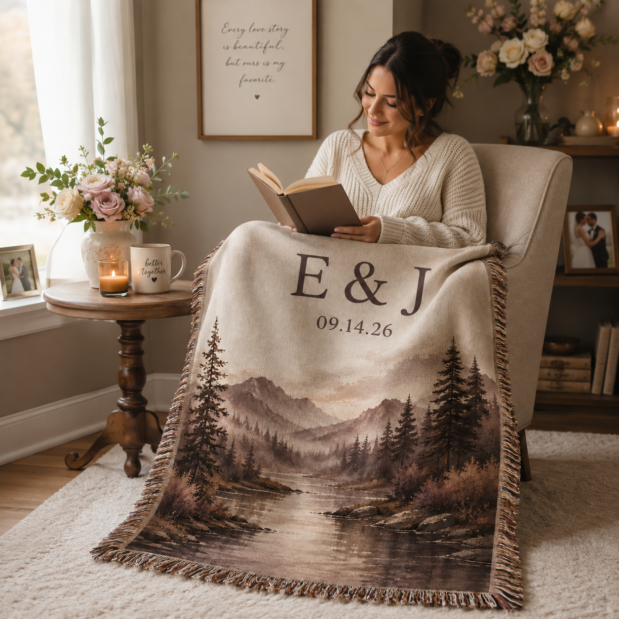 Personalized mountain wedding woven blanket used in a cozy reading nook