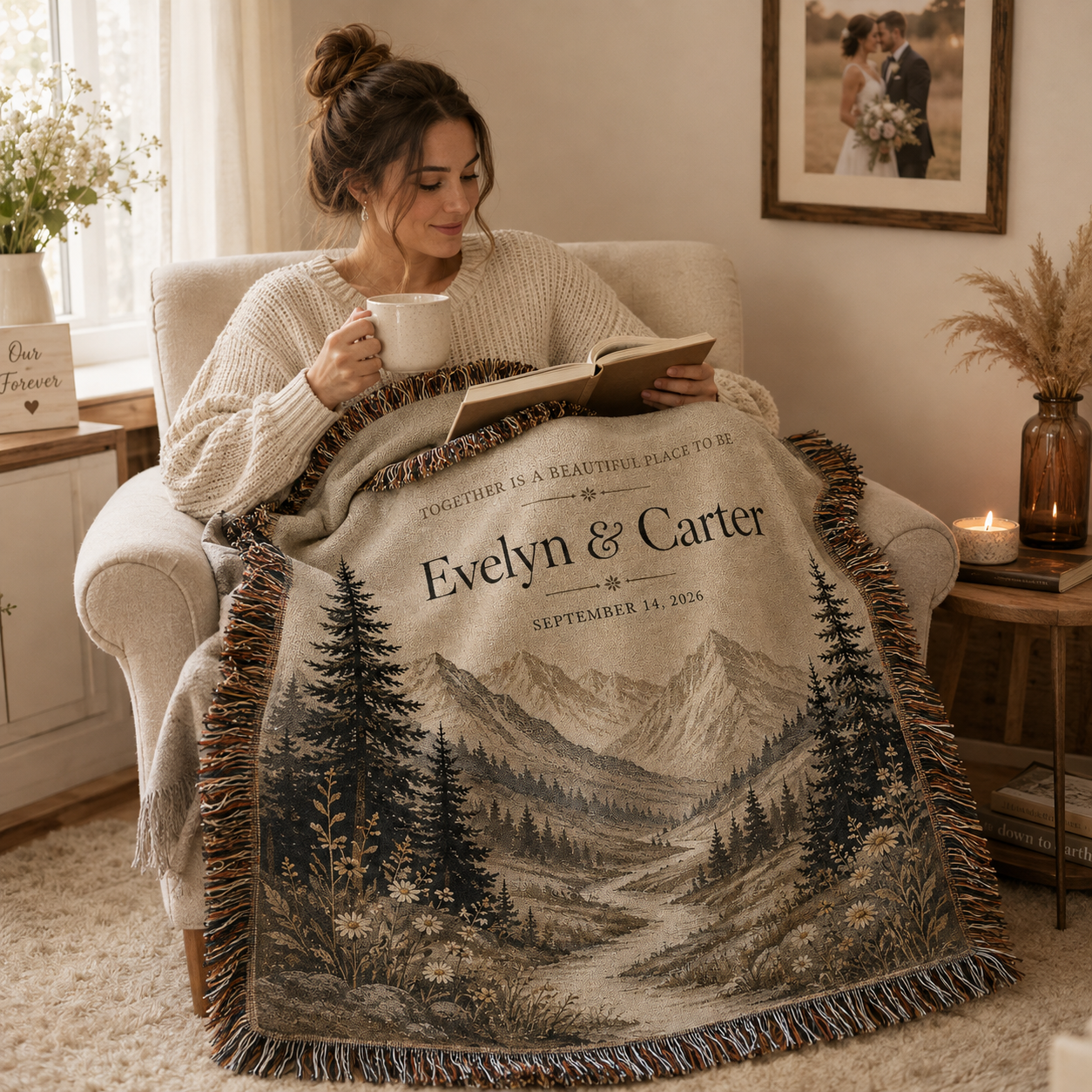 Woman reading with a personalized mountain wedding woven blanket featuring custom couple names and date