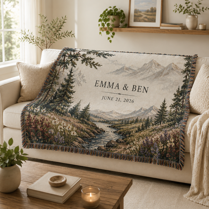 Personalized mountain wedding woven blanket draped over a cream sofa in a bright living room