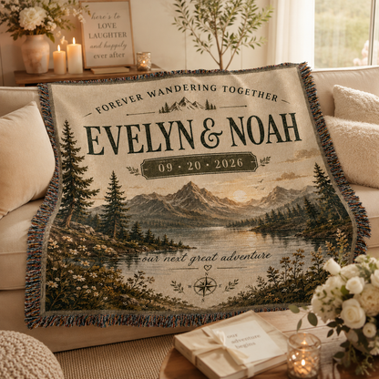 Personalized mountain wedding woven blanket draped softly on a neutral sofa