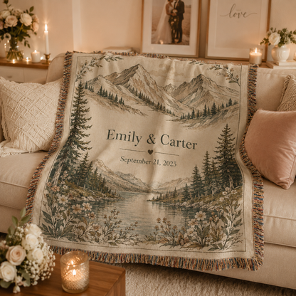 Personalized mountain wedding woven blanket softly draped on a neutral sofa with romantic decor