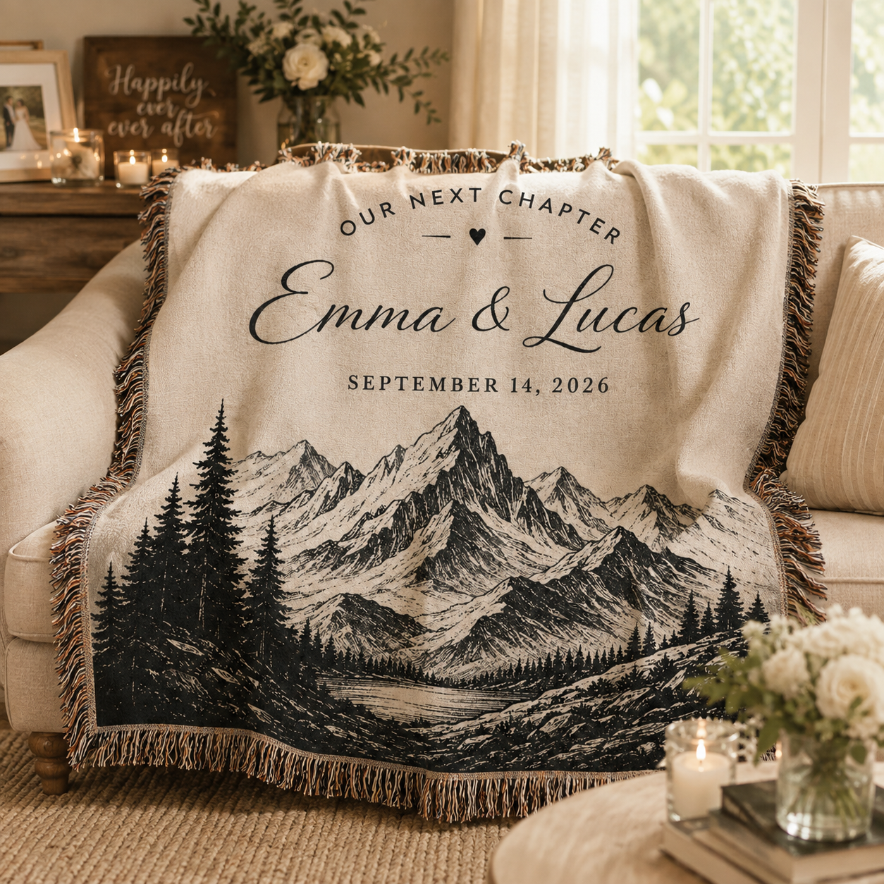 Personalized mountain wedding woven blanket softly draped over a neutral sofa in romantic wedding decor