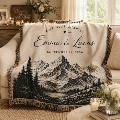 Personalized mountain wedding woven blanket softly draped over a neutral sofa in romantic wedding decor