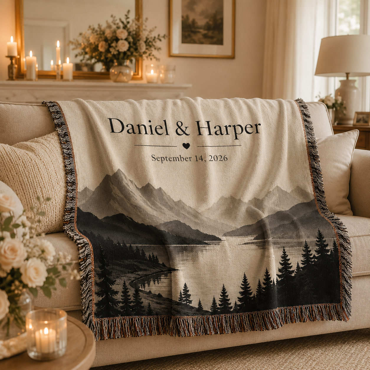 Personalized mountain wedding woven blanket softly draped on a sofa