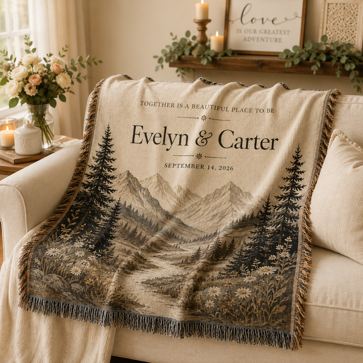 Personalized mountain wedding woven blanket softly draped on a cream sofa in a romantic living room