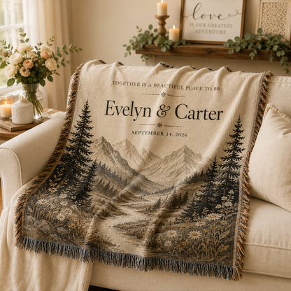 Personalized mountain wedding woven blanket softly draped on a cream sofa in a romantic living room