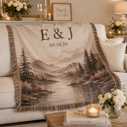 Personalized mountain wedding woven blanket softly draped on a cream sofa