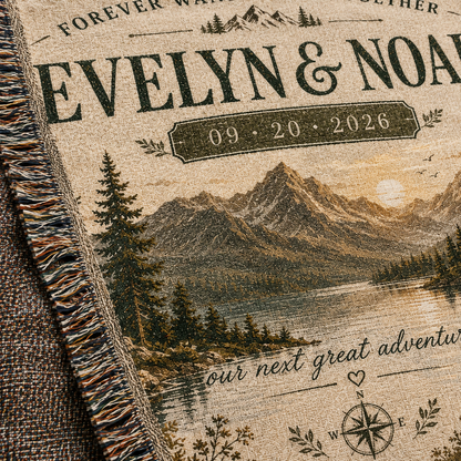 Macro detail of woven texture and multicolor fringe on personalized mountain wedding blanket