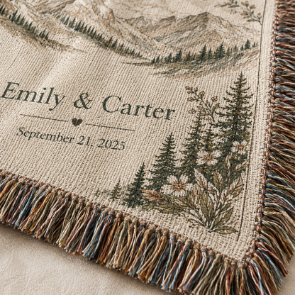 Macro woven texture and multicolor fringe detail of personalized mountain wedding blanket