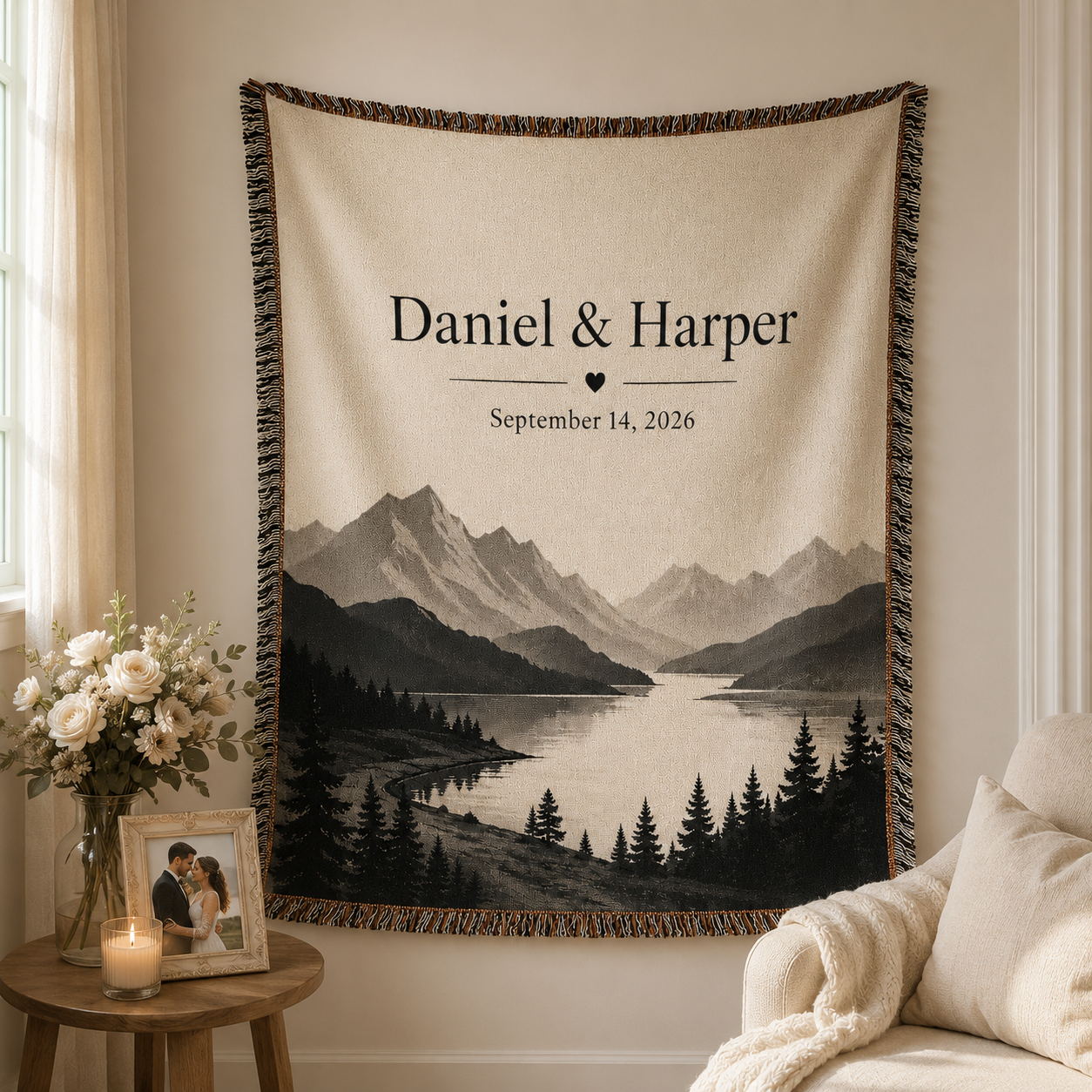 Personalized mountain wedding woven blanket displayed as wall decor