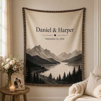 Personalized mountain wedding woven blanket displayed as wall decor