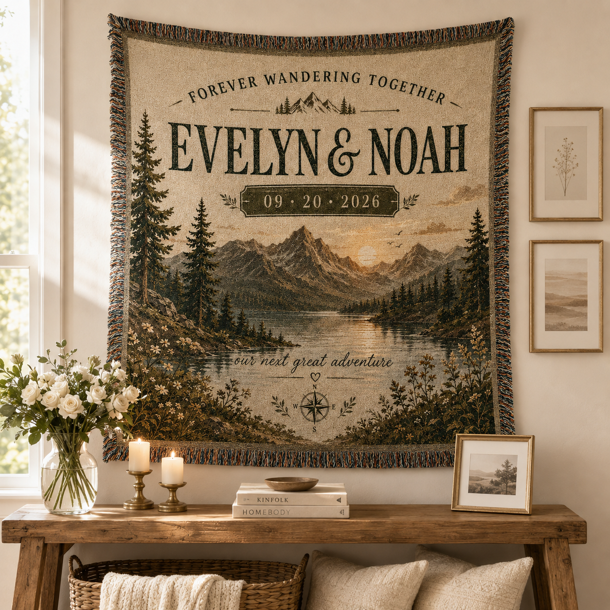 Personalized mountain wedding woven blanket displayed as rustic wall decor