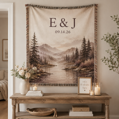 Personalized mountain lake wedding woven blanket displayed as textile wall decor