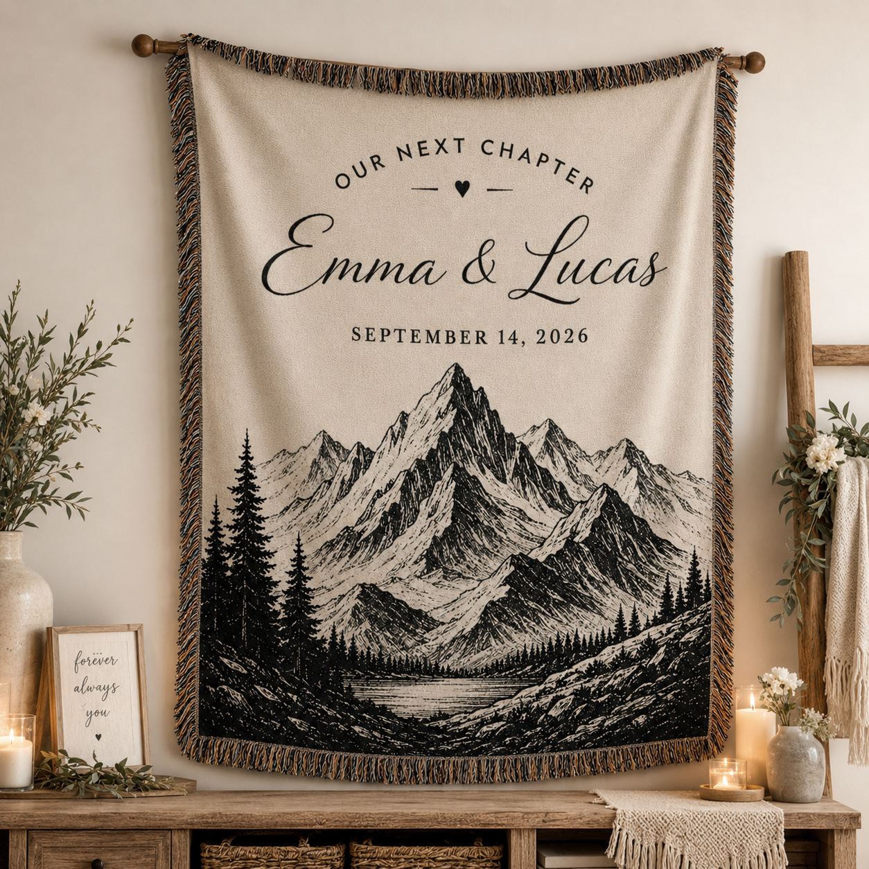 Personalized mountain wedding woven blanket displayed as romantic alpine wall decor with woven fringe