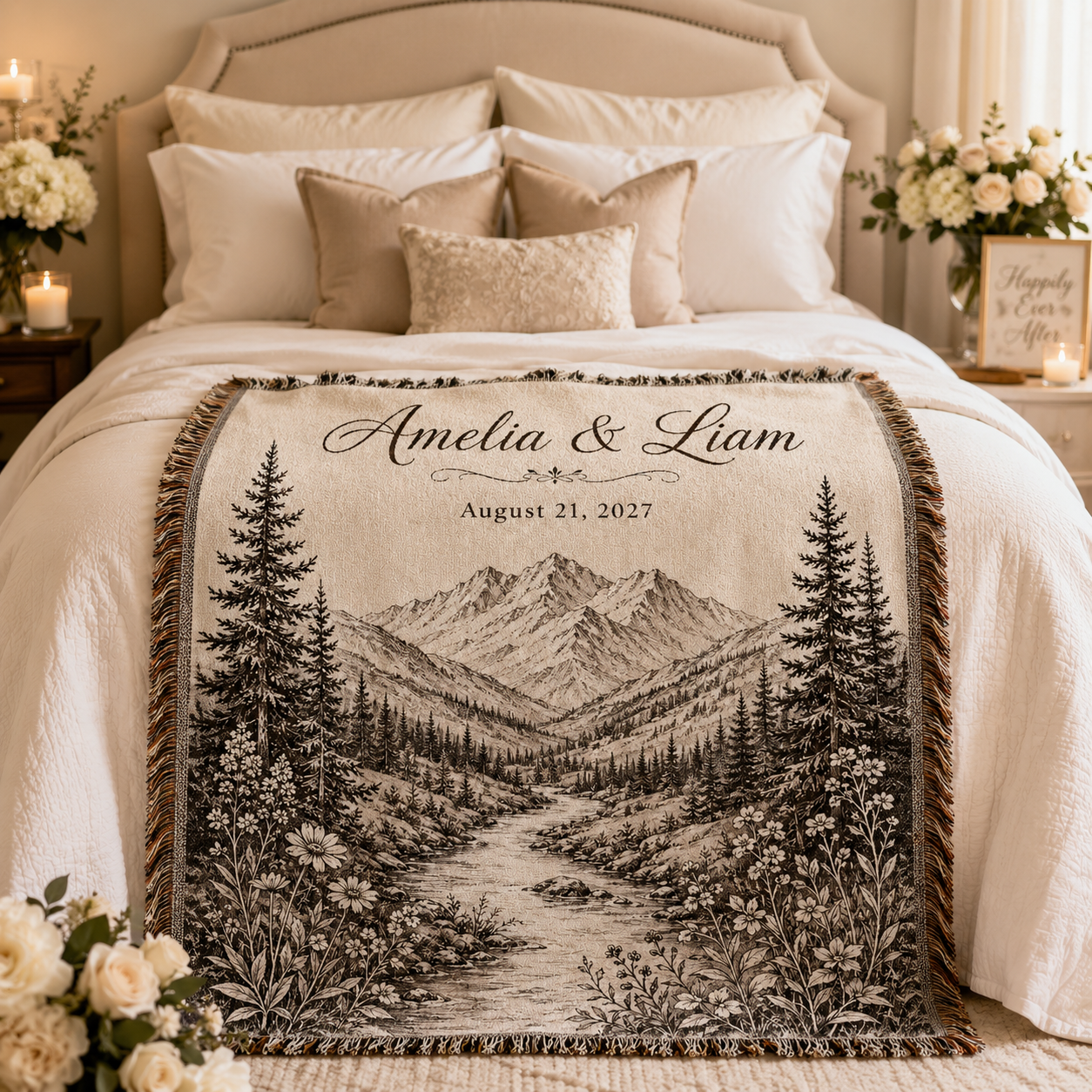 Personalized mountain wedding woven blanket styled across a romantic bedroom bed