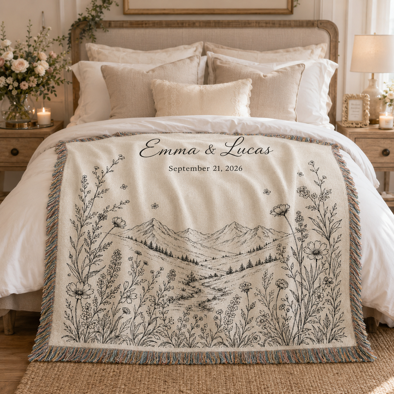 Personalized mountain wildflower wedding woven blanket styled across a romantic bedroom bed