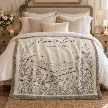 Personalized mountain wildflower wedding woven blanket styled across a romantic bedroom bed