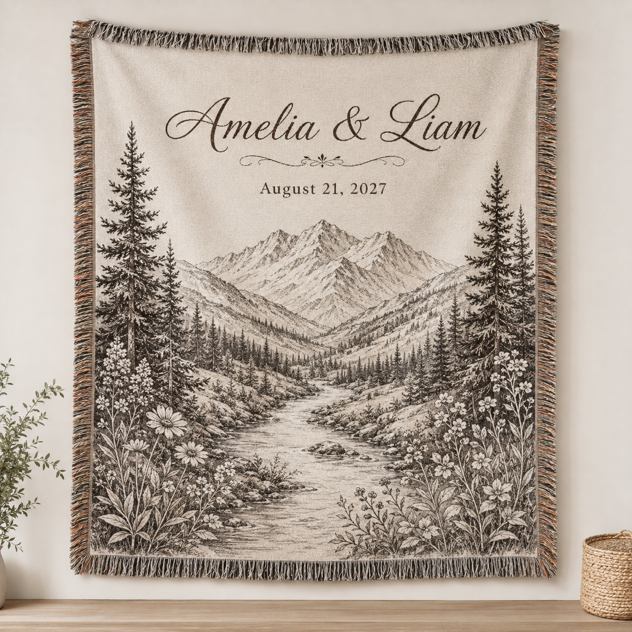 Personalized mountain wedding woven blanket with custom couple names and date