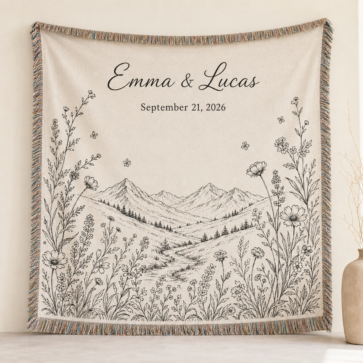 Personalized mountain wildflower wedding woven blanket with Emma and Lucas names and wedding date