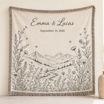 Personalized mountain wildflower wedding woven blanket with Emma and Lucas names and wedding date