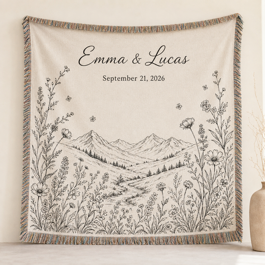 Personalized mountain wildflower wedding woven blanket with Emma and Lucas names and wedding date
