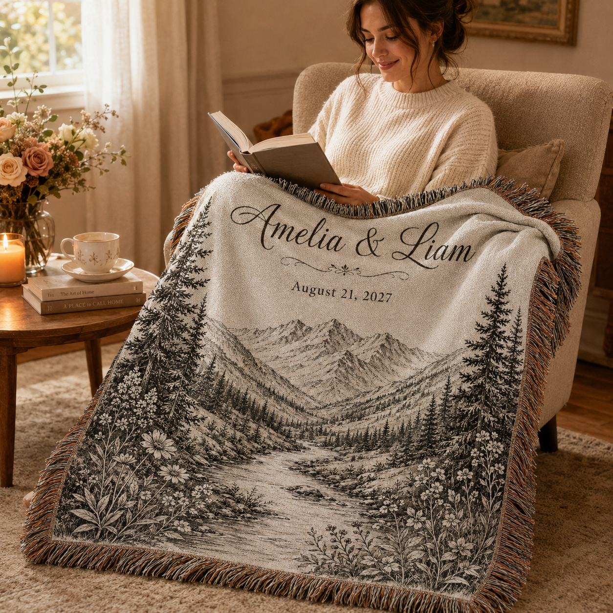 Personalized mountain wedding woven blanket used in a cozy reading nook