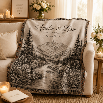 Personalized mountain wedding woven blanket softly draped on a neutral sofa