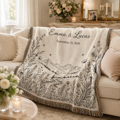 Personalized mountain wildflower wedding woven blanket softly draped on a neutral sofa