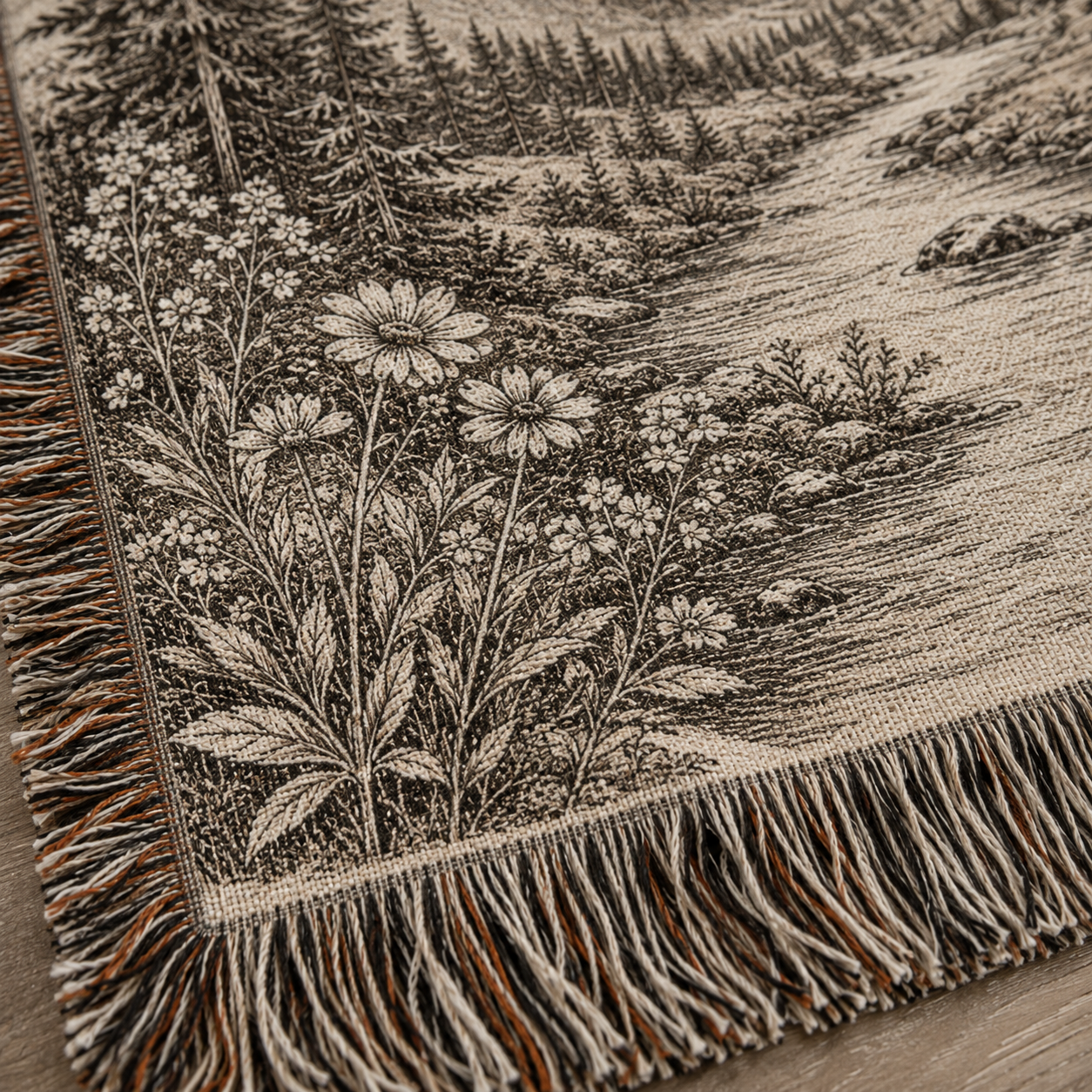 Macro close-up of woven texture and multicolor fringe on a personalized mountain wedding blanket